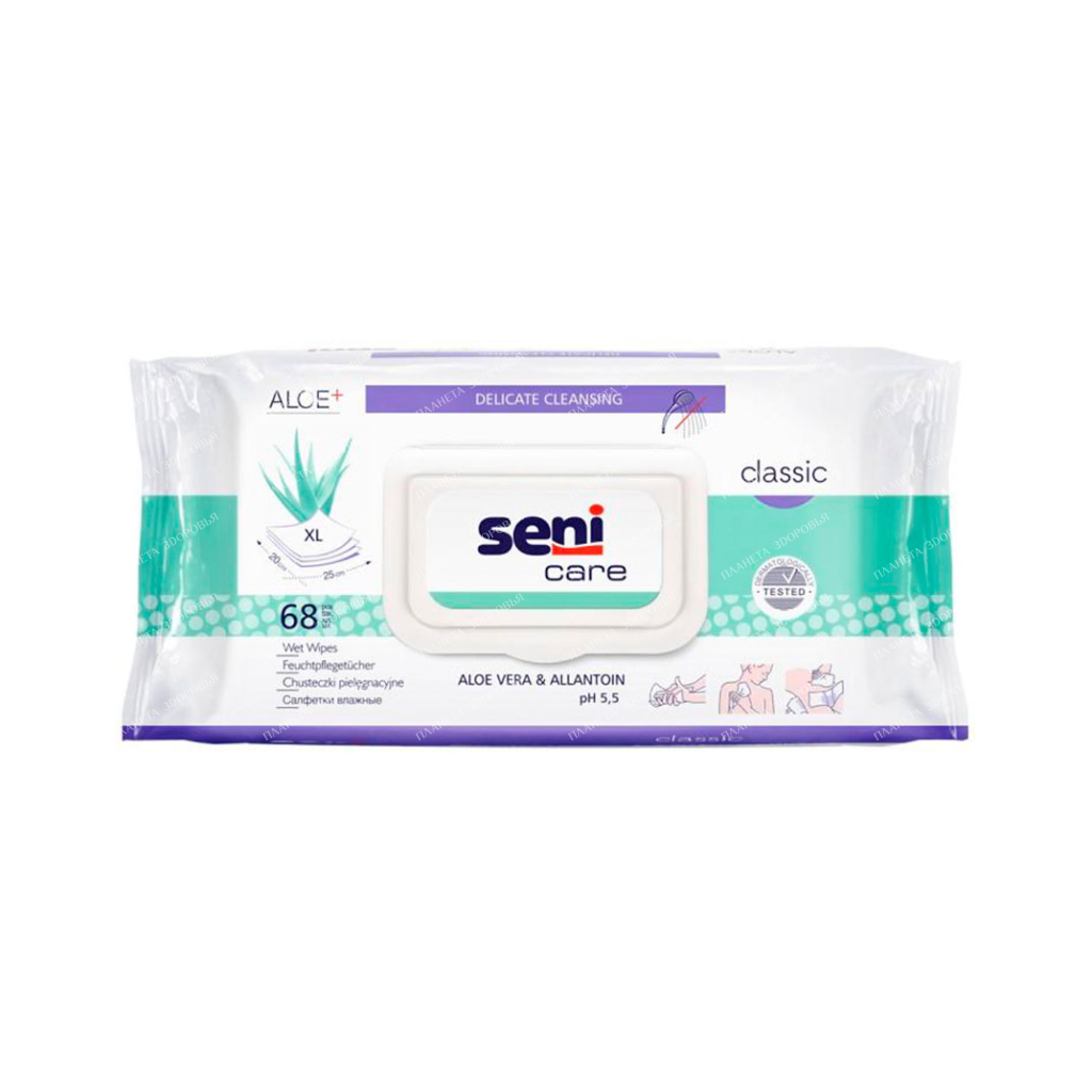 Seni Care classic Wet wipes for skin care with aloe vera and allantoin, 68 pcs