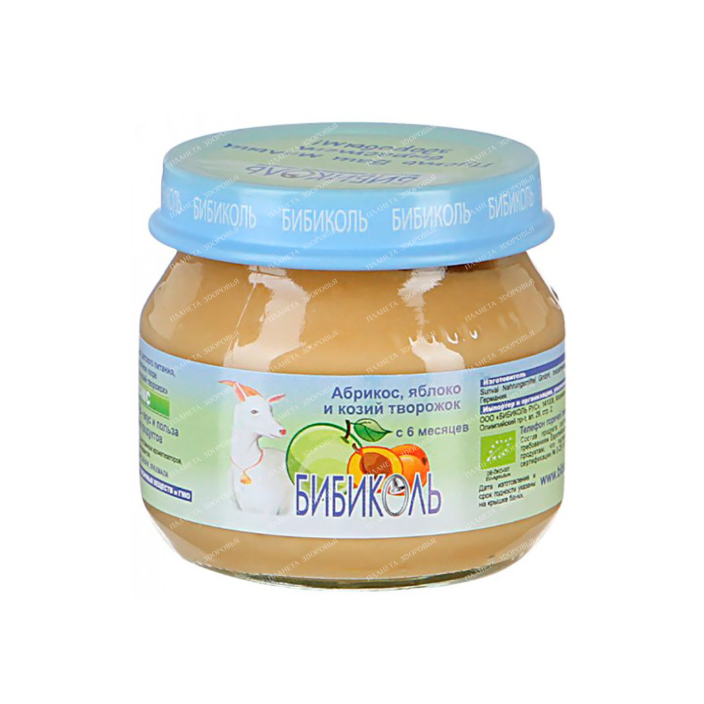 BIBIKOL organic fruit and milk puree "Apricot, apple and goat curd" for children over 6 months, glass jar 80 g