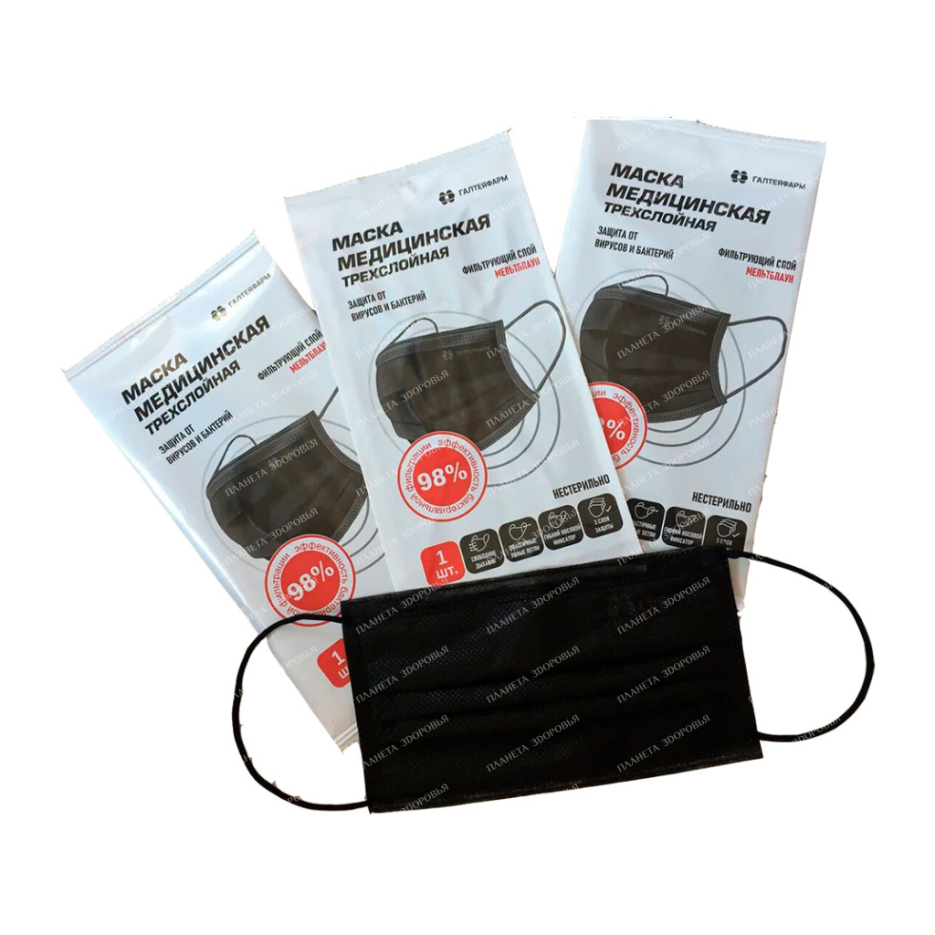 Single use three-layer medical mask with elastic bands non-sterile type II size 17.5 x 9.5 (black)