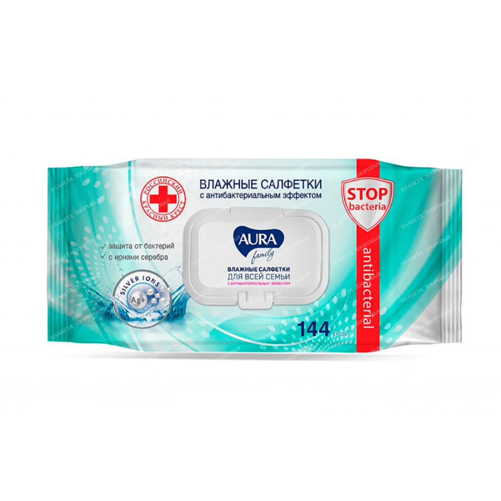 AURA Family Wet wipes for the whole family with antibacterial effect with silver ions, 144 pcs