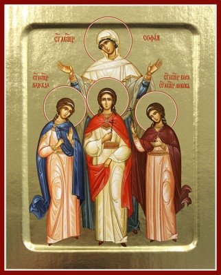 Икона святых мучениц Веры, Надежды, Любови и матери их Софии на дереве