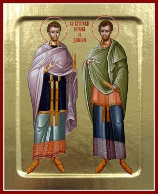 Икона врачевателей Космы и Дамиана на дереве | Icon of Saints Cosmas and Damian on Wood