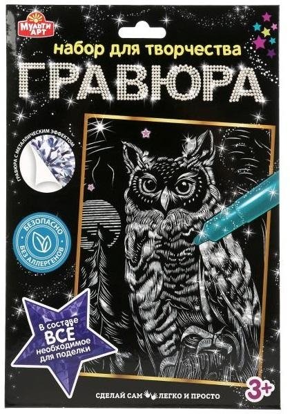 Гравюра, 18х24 см, "Сова", серебряная | Engraving, 18x24 cm, "Owl", Silver