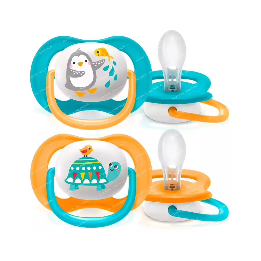 AVENT Orthodontic silicone pacifier with a shield-muzzle and a ring-holder made of polypropylene, with a case made of polypropylene (Ultra Air decor Penguin/Turtle) 6-18 months. (pack of 2) SCF080/07