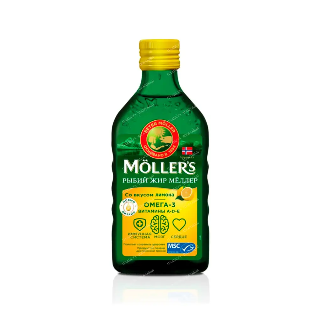 Fish oil MELLER with lemon flavor in a bottle of 250 ml