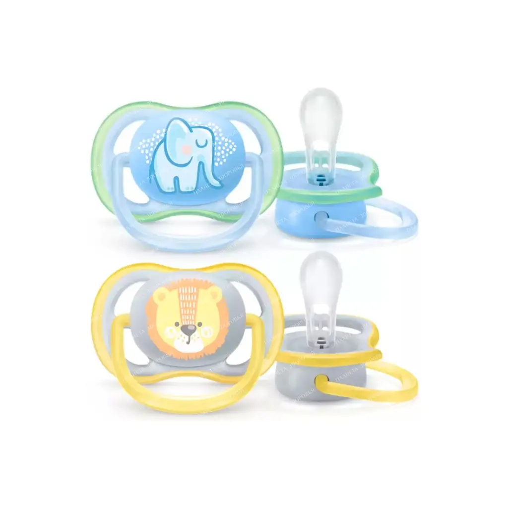 AVENT Orthodontic silicone pacifier with a shield made of polypropylene and thermoplastic elastomer, a holder made of polypropylene, a case made of polypropylene (Ultra Air decor Elephant/Lion) 0-6 months. for boys (pack of 2) SCF085/01