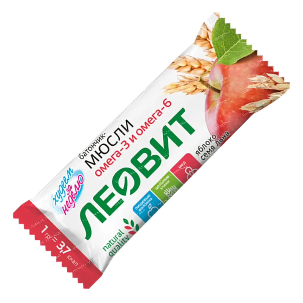 Muesli bar with apple and flaxseed. Packing 30 g