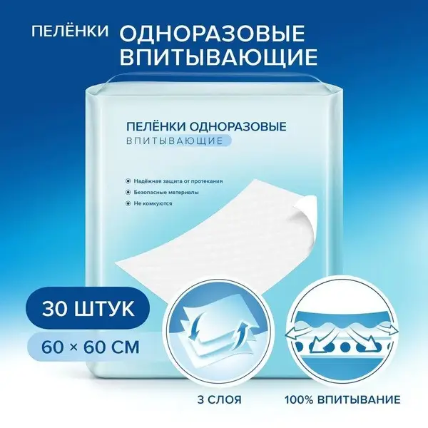 Absorbent Disposable Diapers (60x60cm, 30 Pack)