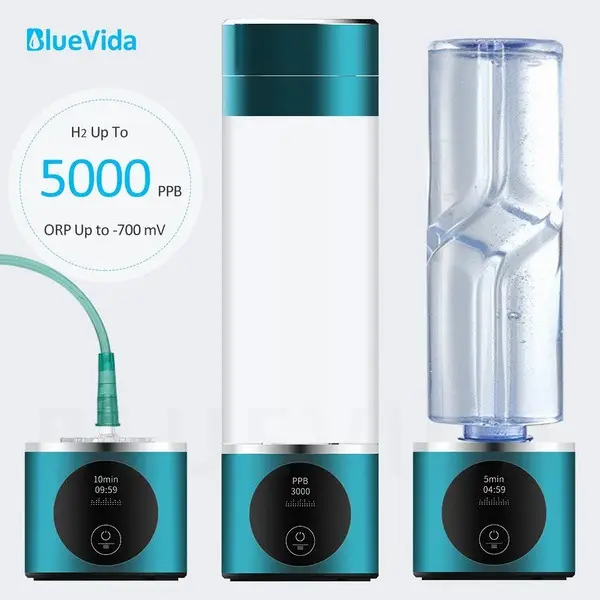 Bluevida Hydrogen Water Generator Bottle: DuPont SPE/PEM Electrolysis, 2-Chamber Design, Inhalation &amp; Time Display