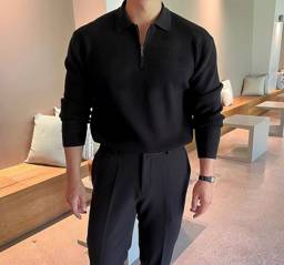 GATSBY by store Men Sweater Zipper Collar All Seasons Black Acrylic Cotton #1