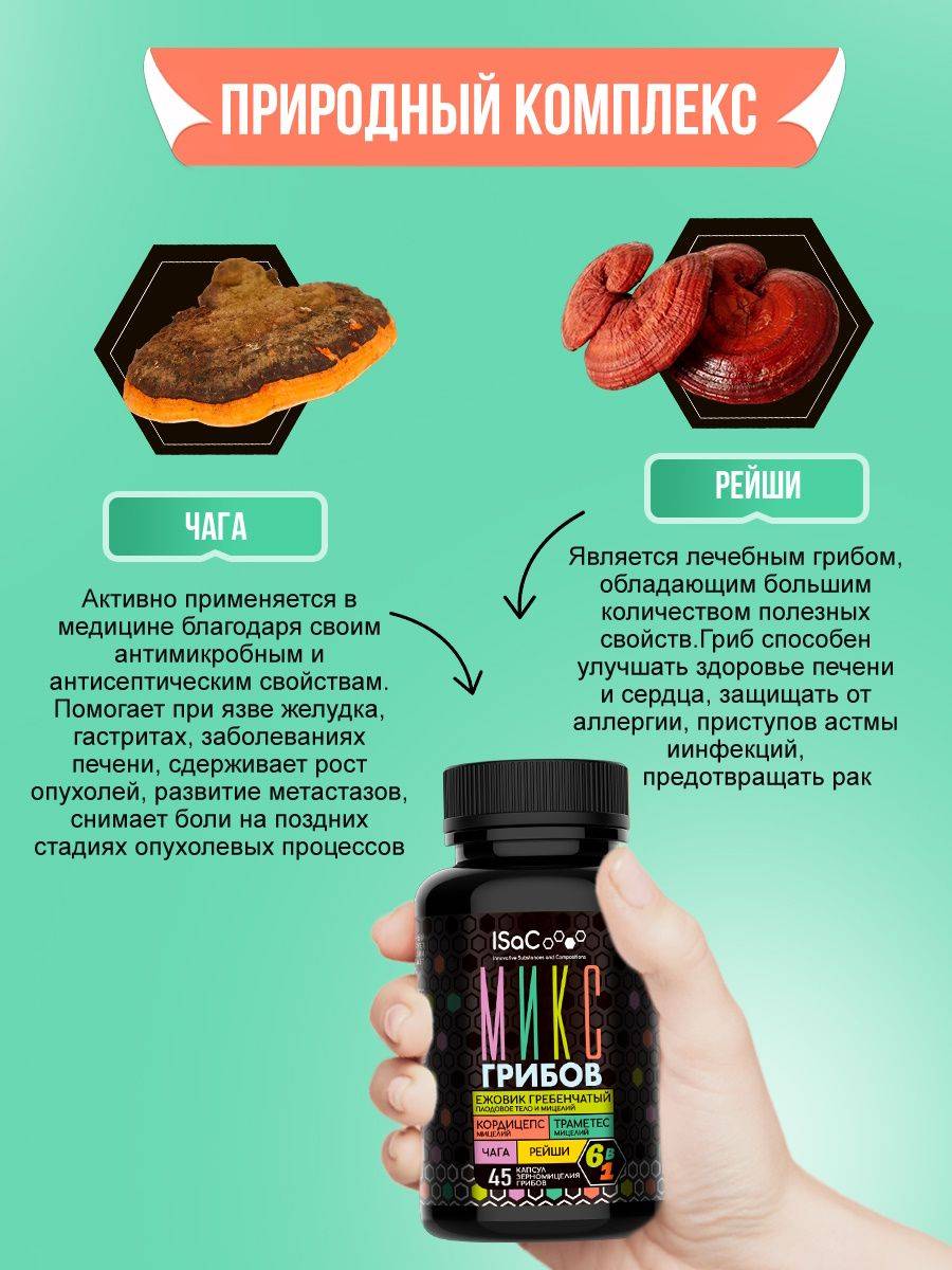 ISaC Immune Support Dried Mushrooms Blend, Lion's Mane, Cordyceps, Trametes, Chaga, Reishi 45 Capsules 500mg #3