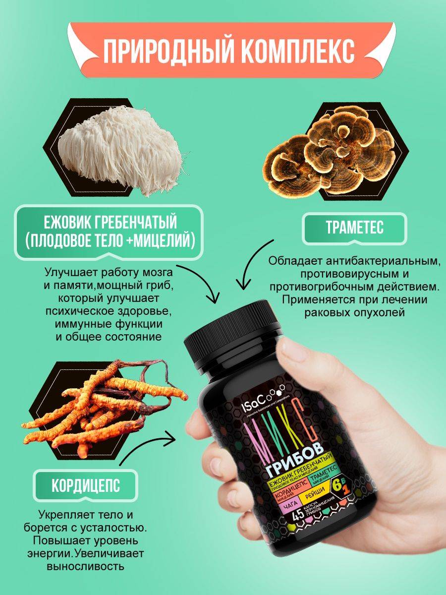 ISaC Immune Support Dried Mushrooms Blend, Lion's Mane, Cordyceps, Trametes, Chaga, Reishi 45 Capsules 500mg #2