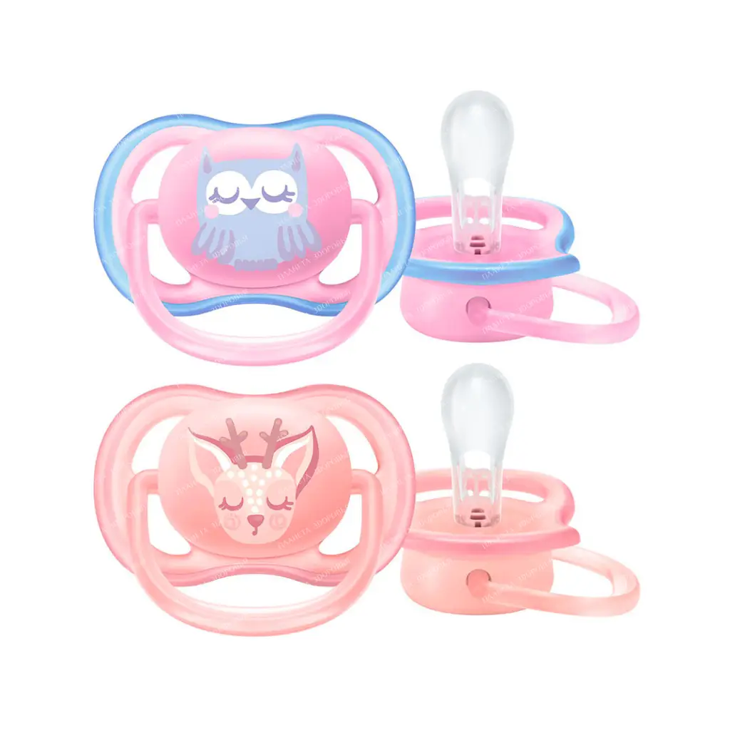 AVENT Orthodontic silicone pacifier with a shield made of polypropylene and thermoplastic elastomer, a holder made of polypropylene, a case made of polypropylene (Ultra Air decor Owl/Deer) 0-6 months. for girls (pack of 2) SCF085/02