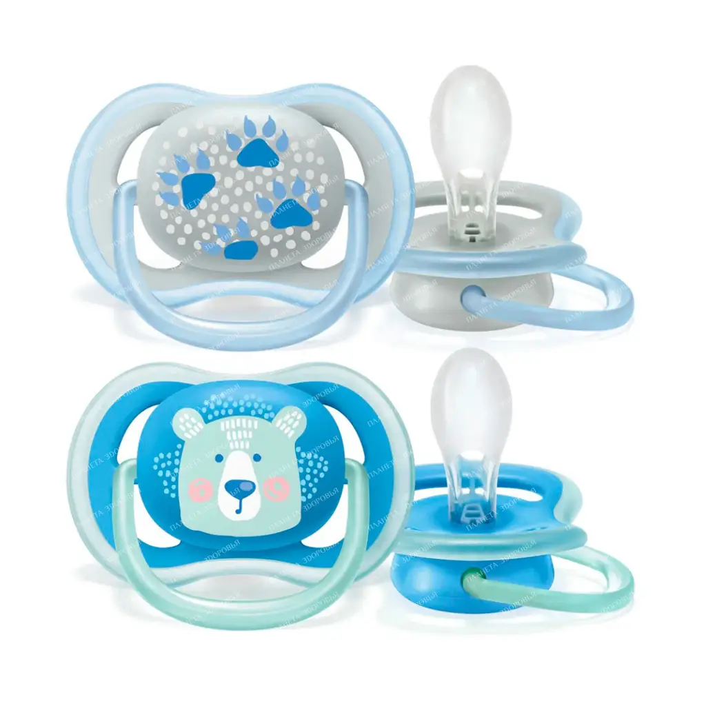 AVENT Silicone soother. orthodontist. with shield-nag. from polyprop. and thermoplastic. elastomer, number-holding from polypr., case. from polypr. (Ultra Air decor Paws/Bear) 6-18 months for boys (pack of 2 pcs) SCF085/03