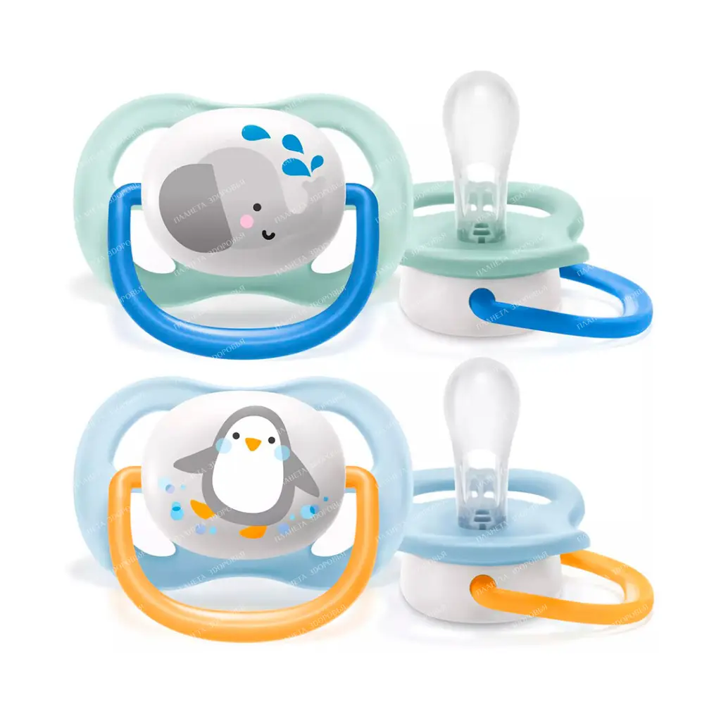 AVENT Orthodontic silicone pacifier with a shield-muzzle and a holder ring made of polypropylene, with a case made of polypropylene (Ultra Air decor Penguin/Elephant) 0-6 months. (pack of 2) SCF080/05
