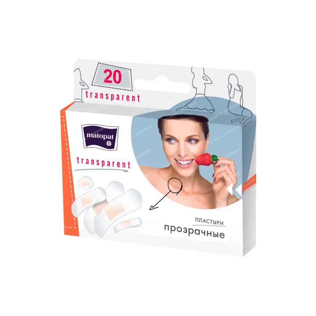 A set of plasters MATOPAT TRANSPARENT 25mm x 76mm - 4pcs, 9mm x 38mm - 4pcs, 19mm x 76mm - 6pcs, 15mm x 58mm - 4pcs; diameter 22mm - 2 pcs.