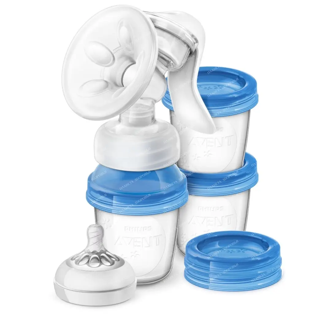 AVENT Natural Manual Breast Pump SCF330/13 with SCF619/05 containers (scf614 caps, scf651 nipple)