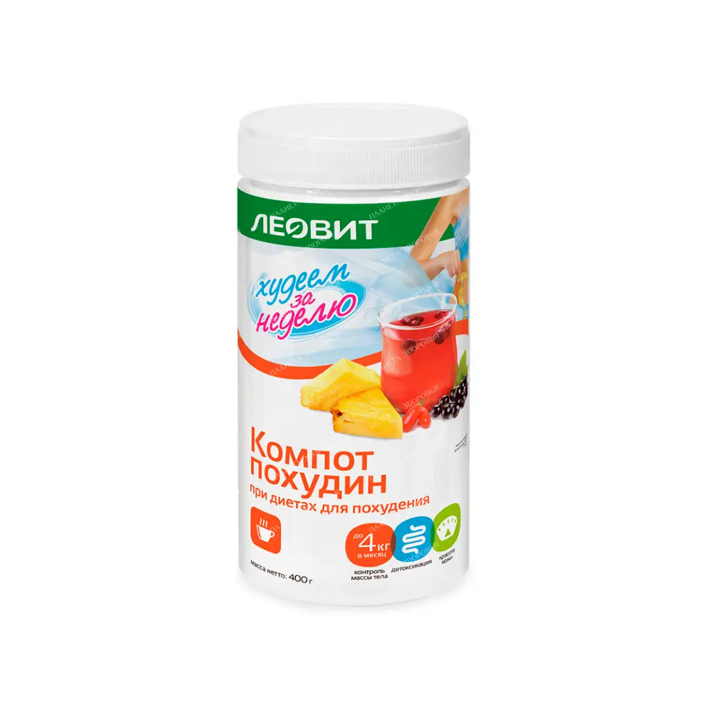 Compote LEOVIT Pokhudin. Specialized dietary preventive food product. Bank 400 g.