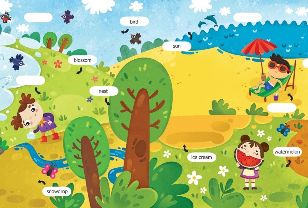 Первые слова. Английский язык. Времена года. Обучающая книжка с наклейками фото книги 2