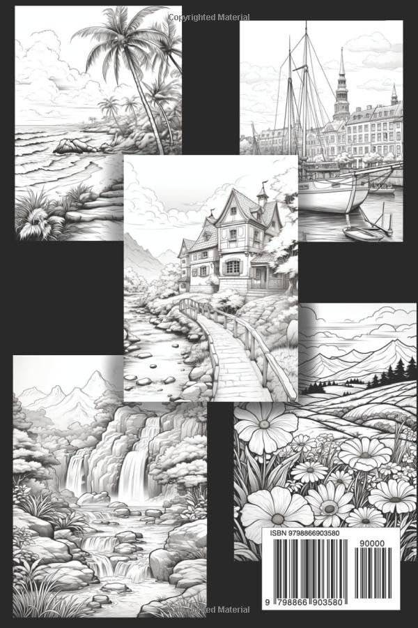 Lanscape Coloring Book for Adults with fields, mountains, ocean, flowers, forests and cozy houses фото книги 2