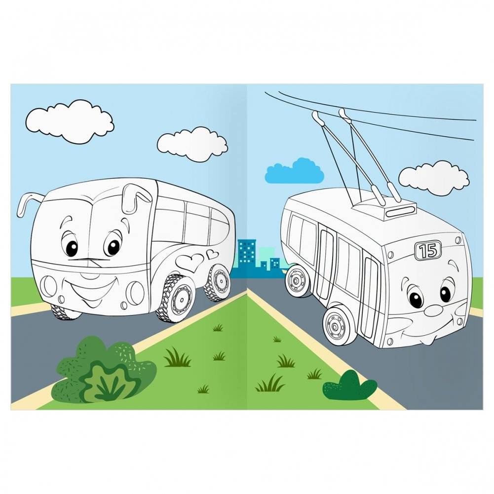 Раскраска с цв. фоном А4, 16 стр., ТРИ СОВЫ "Веселые машинки" фото книги 4