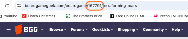 Esempio URL BoardGameGeek con il BGG ID evidenziato nella barra degli indirizzi