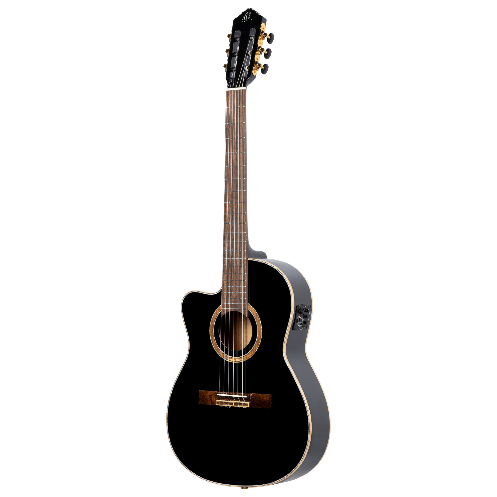 ORTEGA Feel Series Konzertgitarre 4/4 Schmaler Hals Dünner Korpus Lefty - schwarz inkl. Tasche und Gurt (1B-RCE138T4BL)