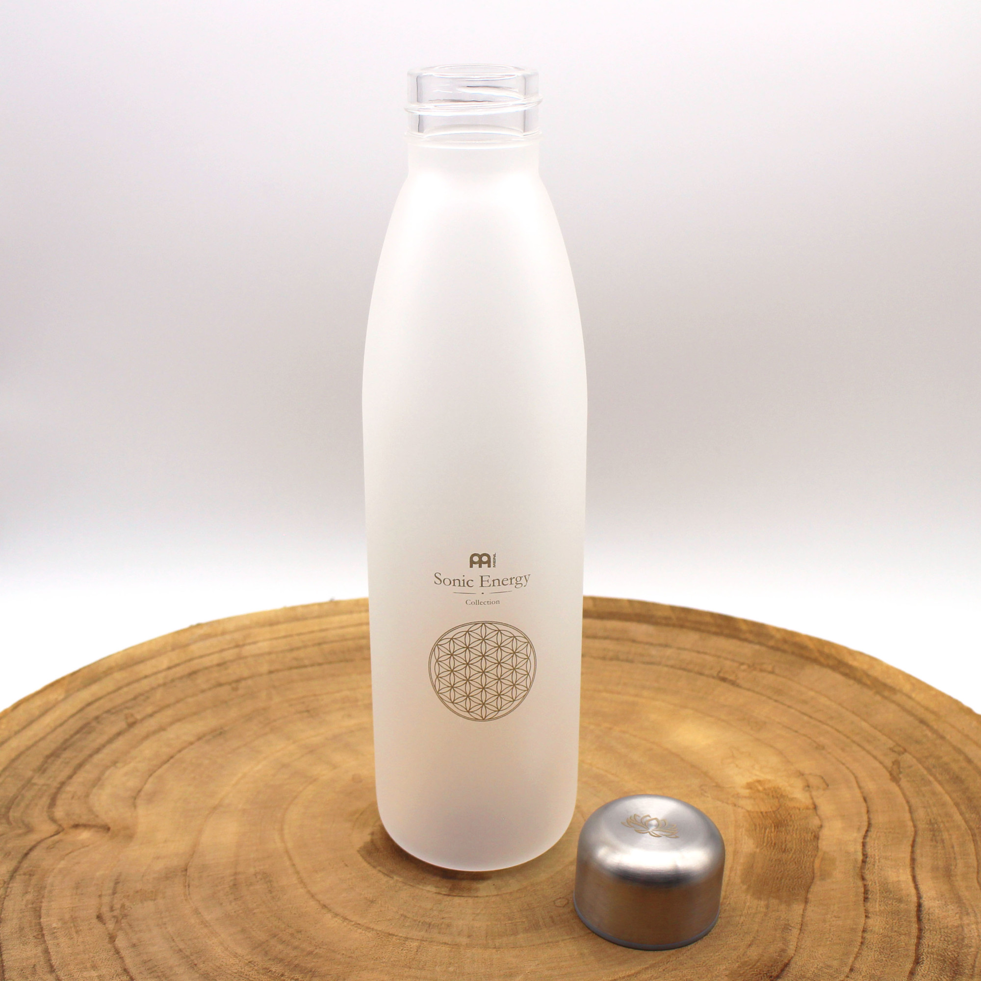 Meinl Sonic Energy Glass Drinking Bottle white-frosted - 650 ml - With Flower of Life printing and Lotus Flower engraving (SONIC-BO-FOL)
