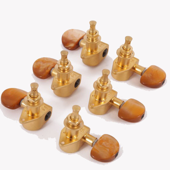 IBANEZ acoustic guitar machine head tuner set Grover - 3 x left/3 x right gold for 6 strings in gold tone with pearlescent brown plastic button (5AMH04E)