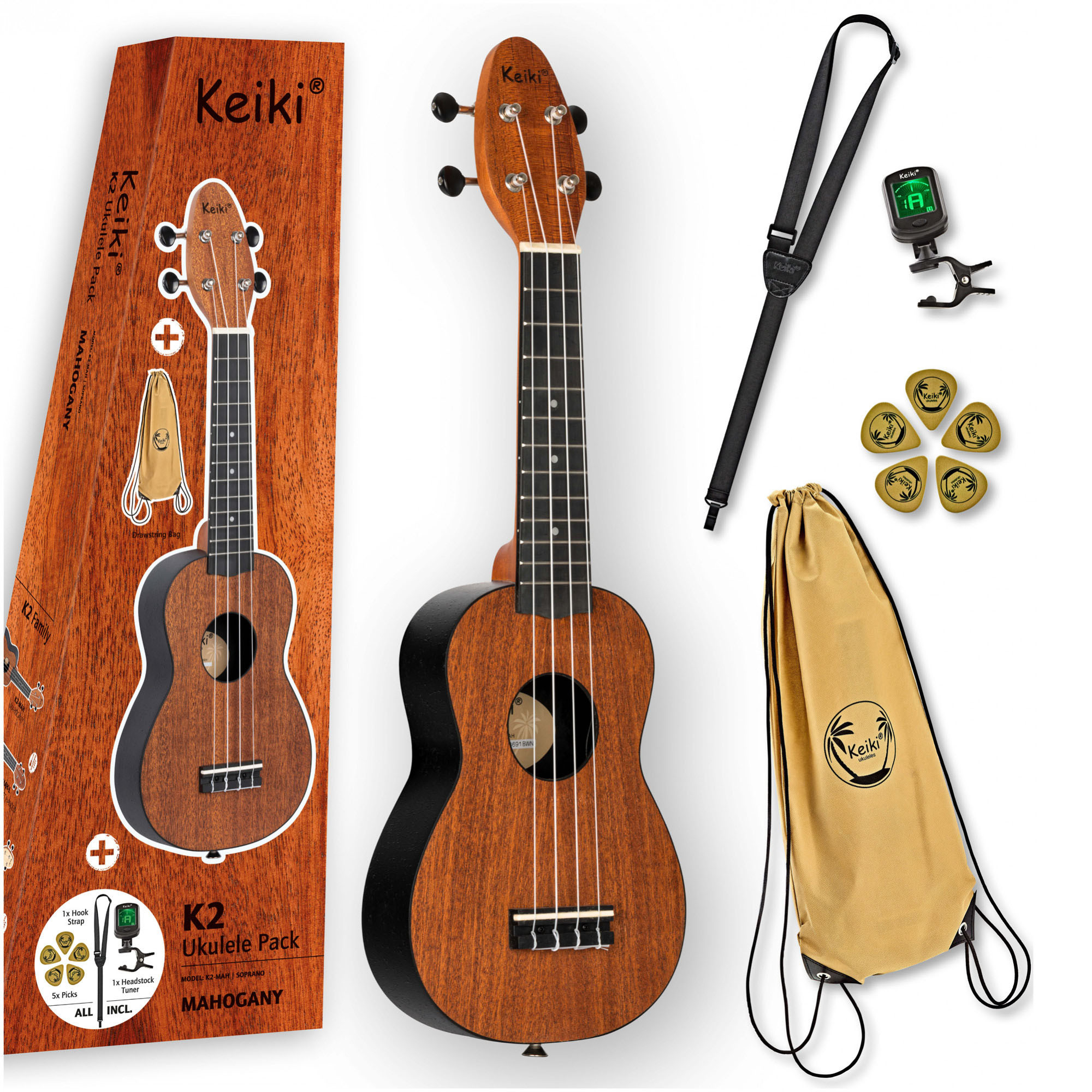 KEIKI K2 Serie Sopran Ukulele Set - Agathis / Mahogany Natural (K2-MAH)