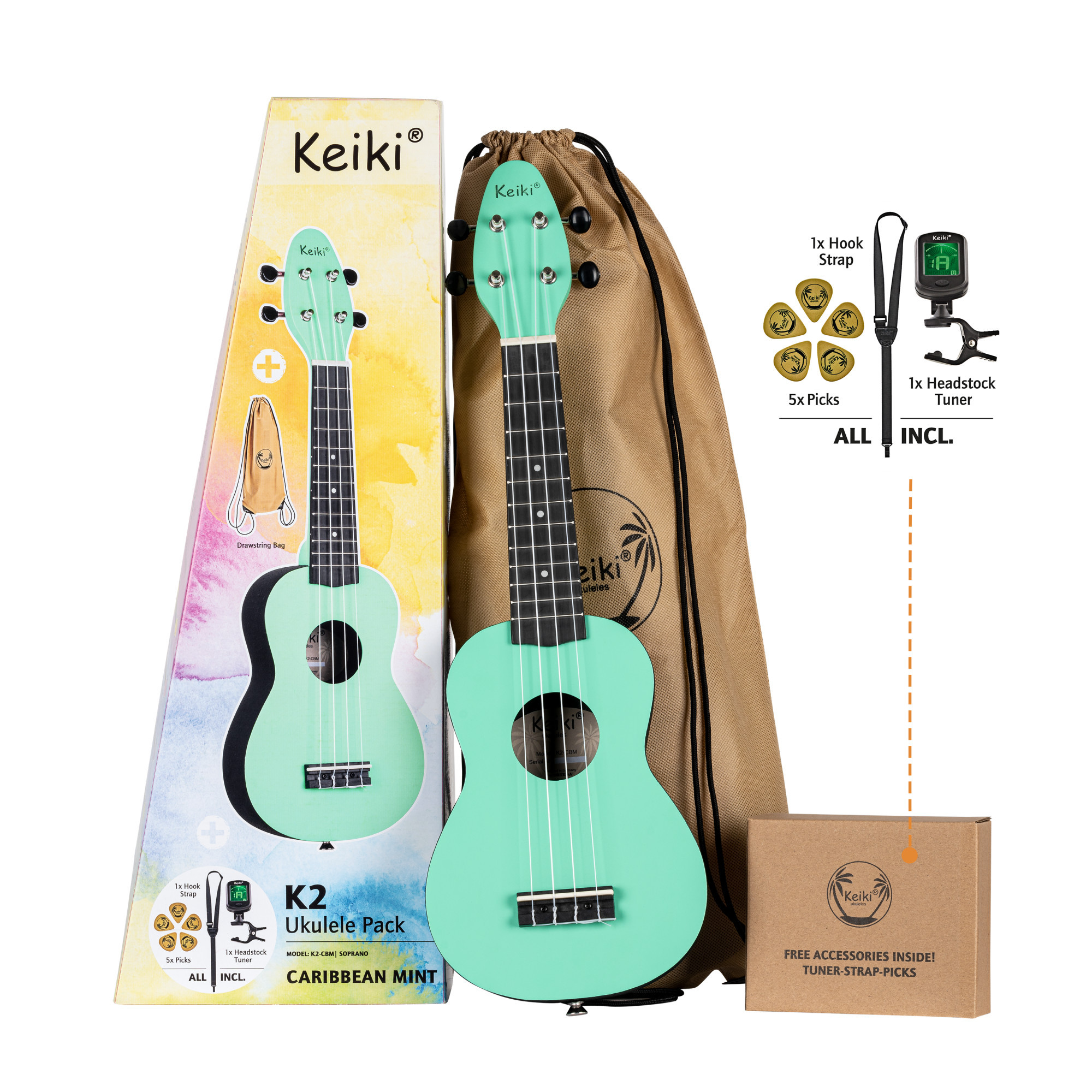 KEIKI K2 Serie Sopran Ukulele Set - Agathis / ABS Caribbean Mint (K2-CBM)