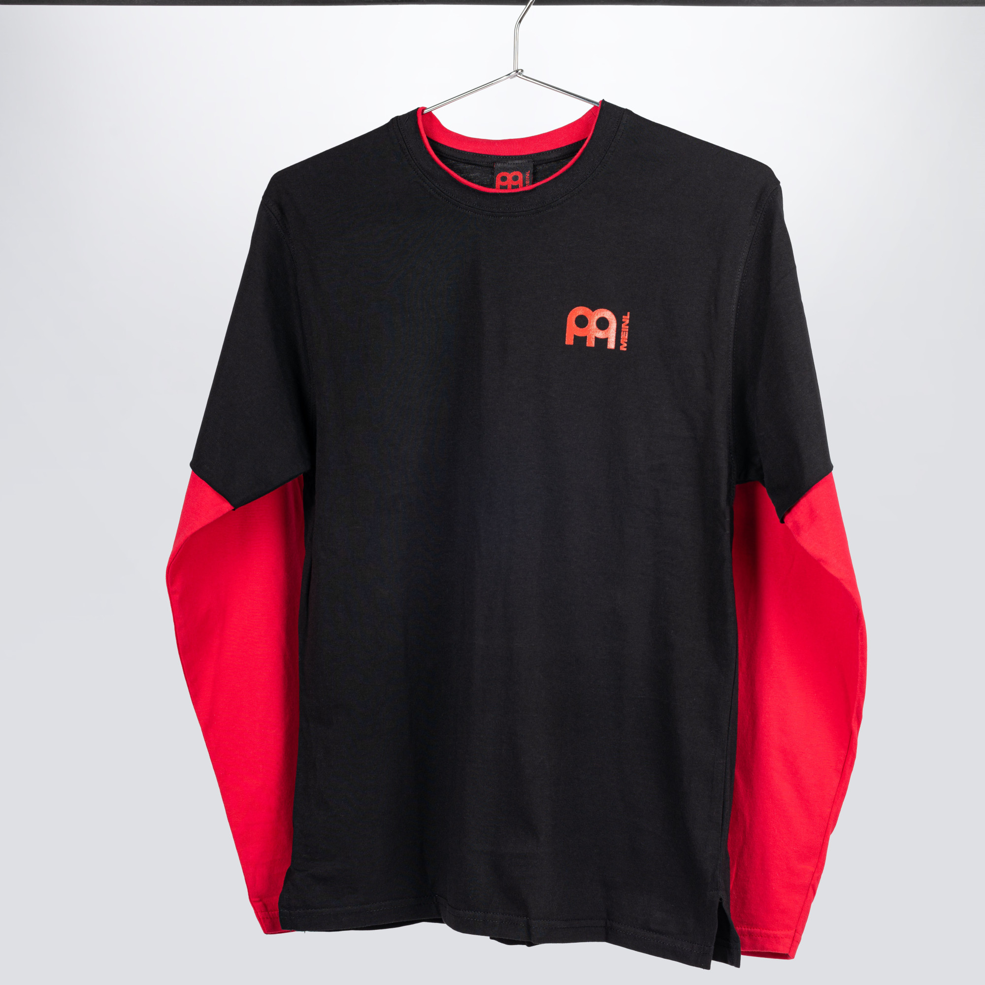 Black Meinl longsleeve with red sleeves and logo on left chest and back (M74-S)
