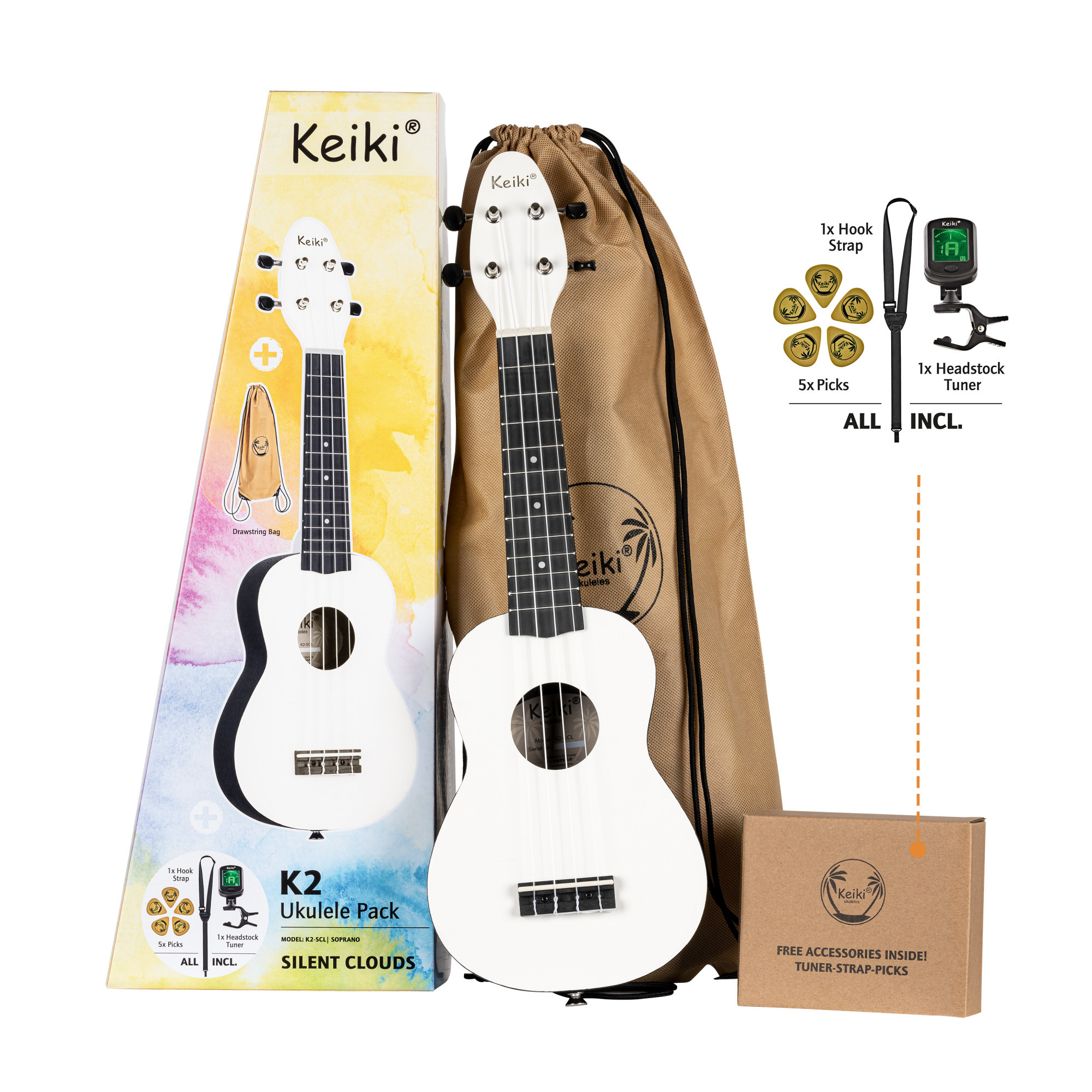 KEIKI K2 Serie Sopran Ukulele Set - Agathis / ABS Silent Clouds (K2-SCL)
