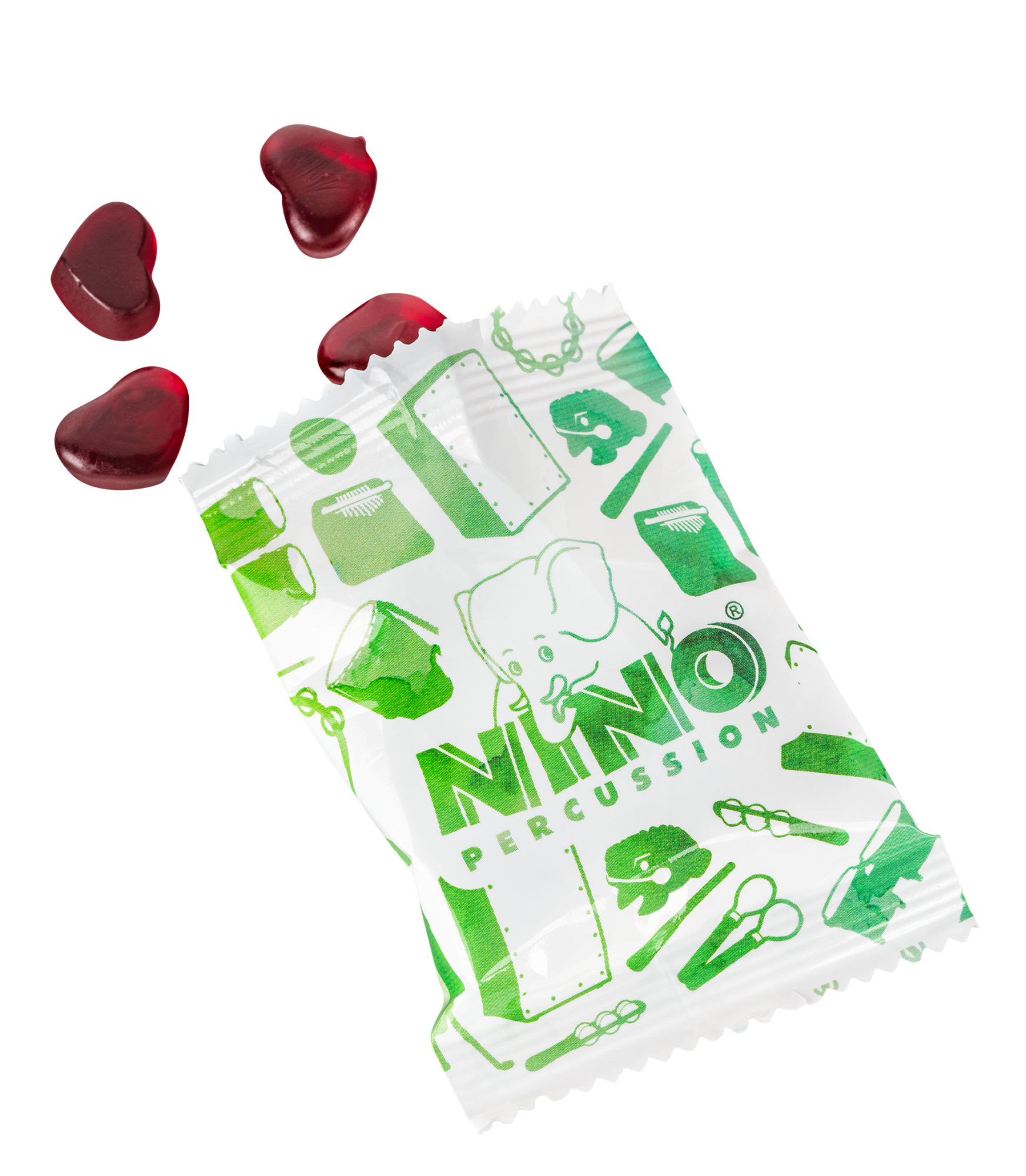 NINO Percussion Fruchtgummi 10 g, Herzform, Himbeergeschmack (NI-FRUITGUMMY)