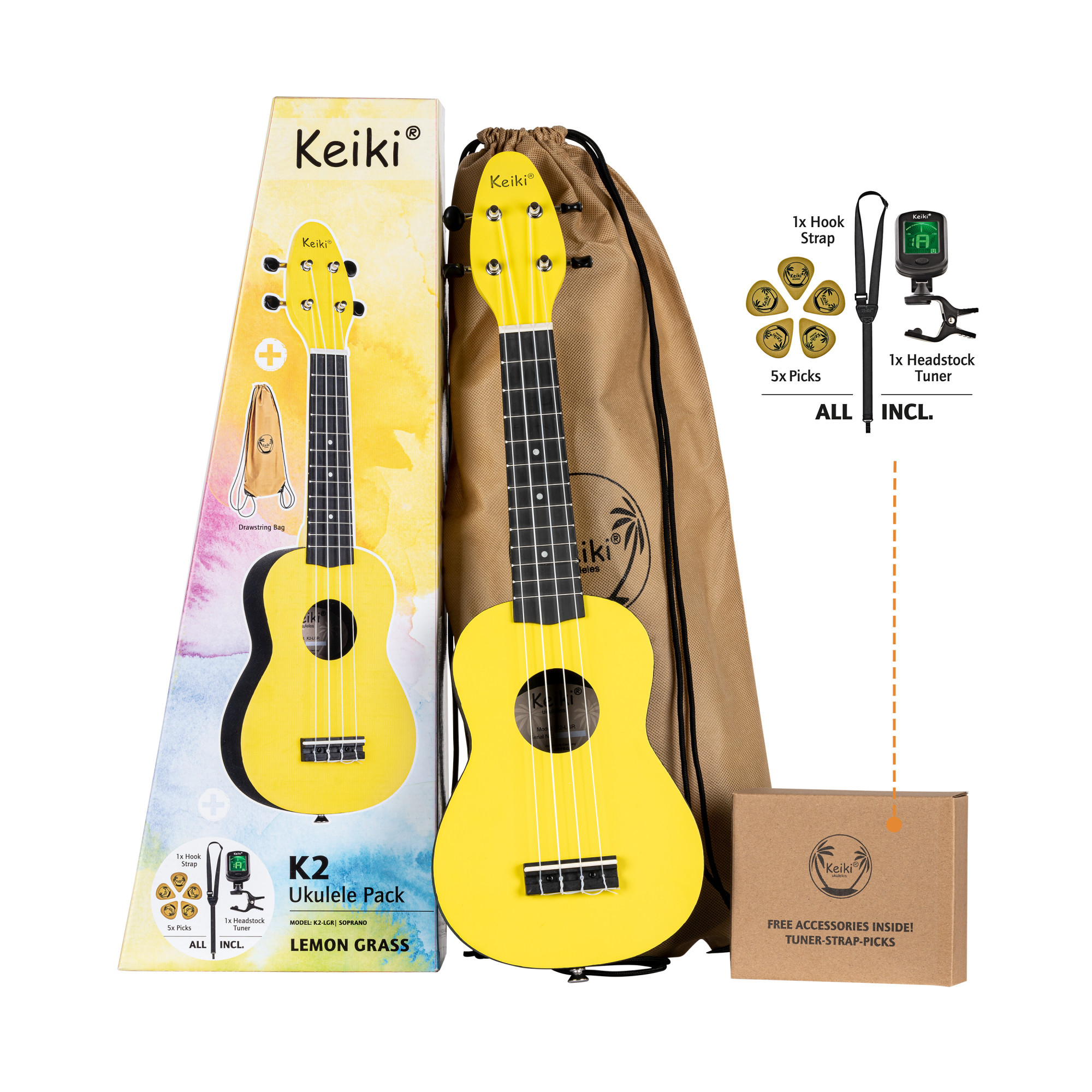 KEIKI K2 Serie Sopran Ukulele Set - Agathis / ABS Lemon Grass (K2-LGR)
