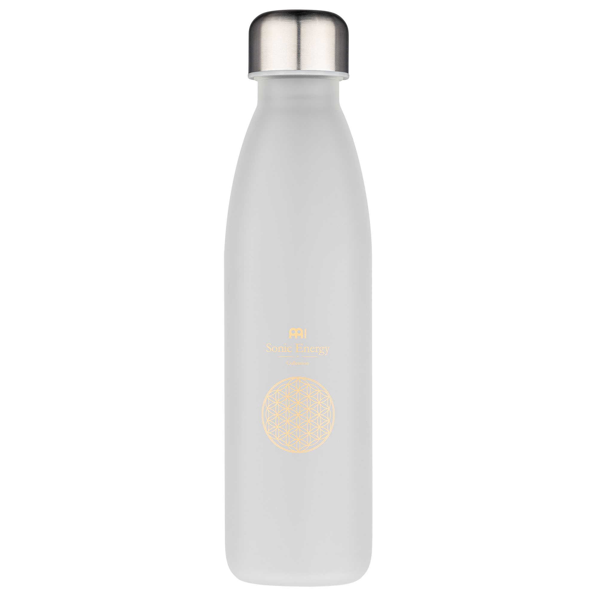 Meinl Sonic Energy Glass Drinking Bottle white-frosted - 650 ml - With Flower of Life printing and Lotus Flower engraving (SONIC-BO-FOL)