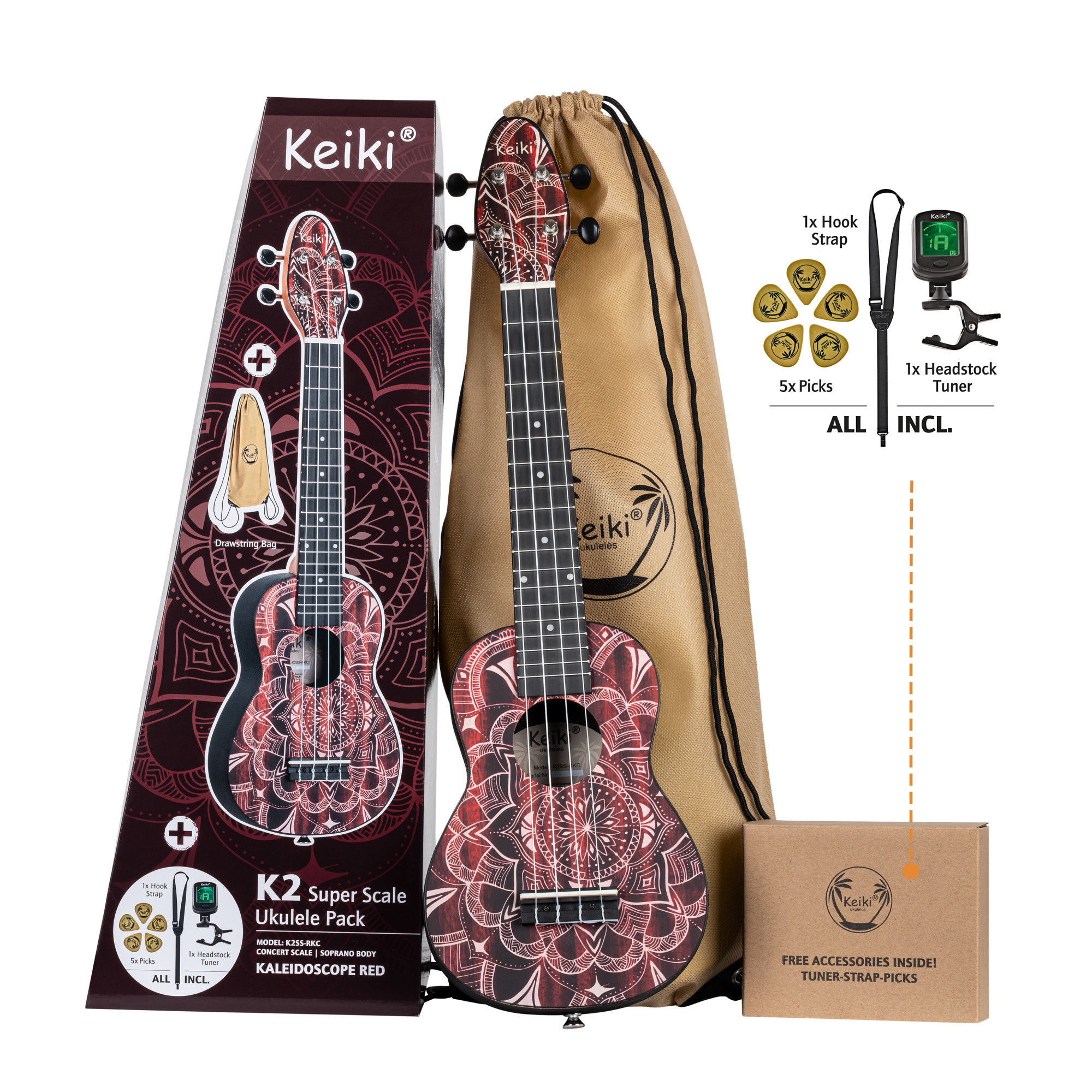 KEIKI K2 Serie Superscale Sopran Ukulele Set - Agathis / Red Kaleidoscope (K2SS-RKC)
