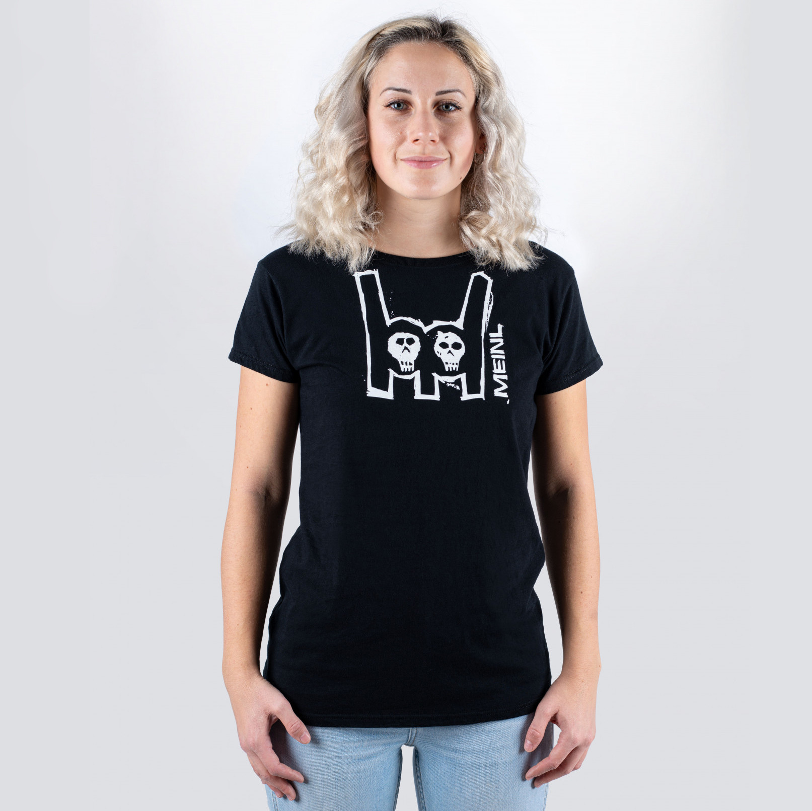 Black Meinl t-shirt with imprinted white metal-fork logo on chest - Girlie (M36-M)
