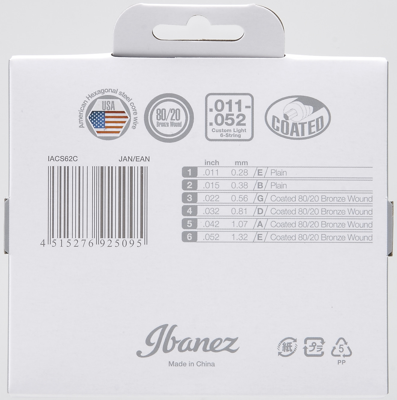 IBANEZ String Set for 6 String Acoustic Guitar - Custom Light (IACS62C)