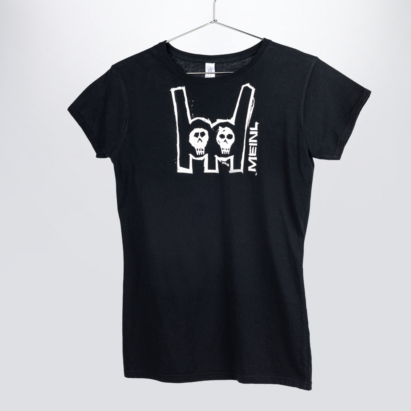 Black Meinl t-shirt with imprinted white metal-fork logo on chest - Girlie (M36-M)