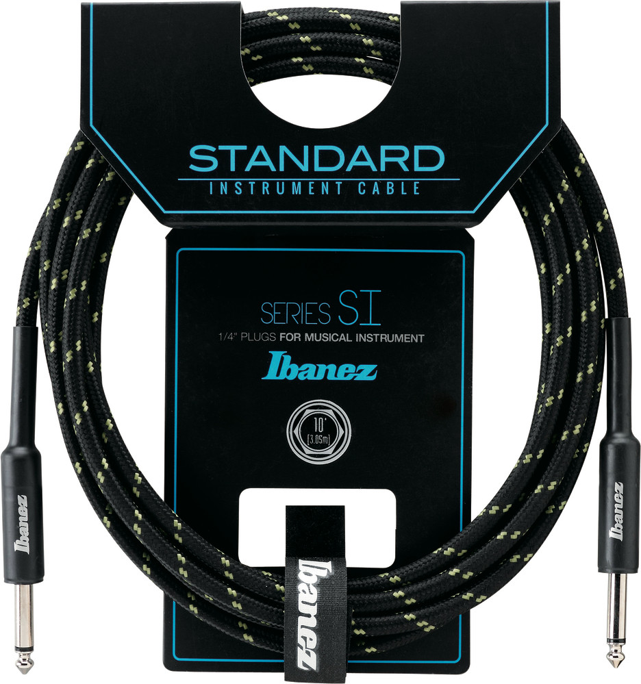 IBANEZ SI Serie (Standard) Instrumentenkabel - 2 gerade Stecker Gewebt - Klinke - Klinke, Black x Green - 3,05 m / 10 ft (SI10-BG)