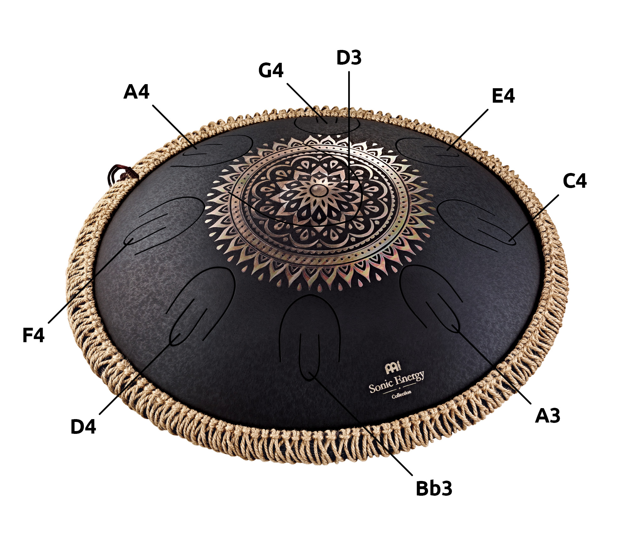 Meinl Sonic Energy 16" Octave Steel Tongue Drum, D Kurd, 9 Notes, 440 Hz, Lasered Floral Design, Black (OSTD1BKE)