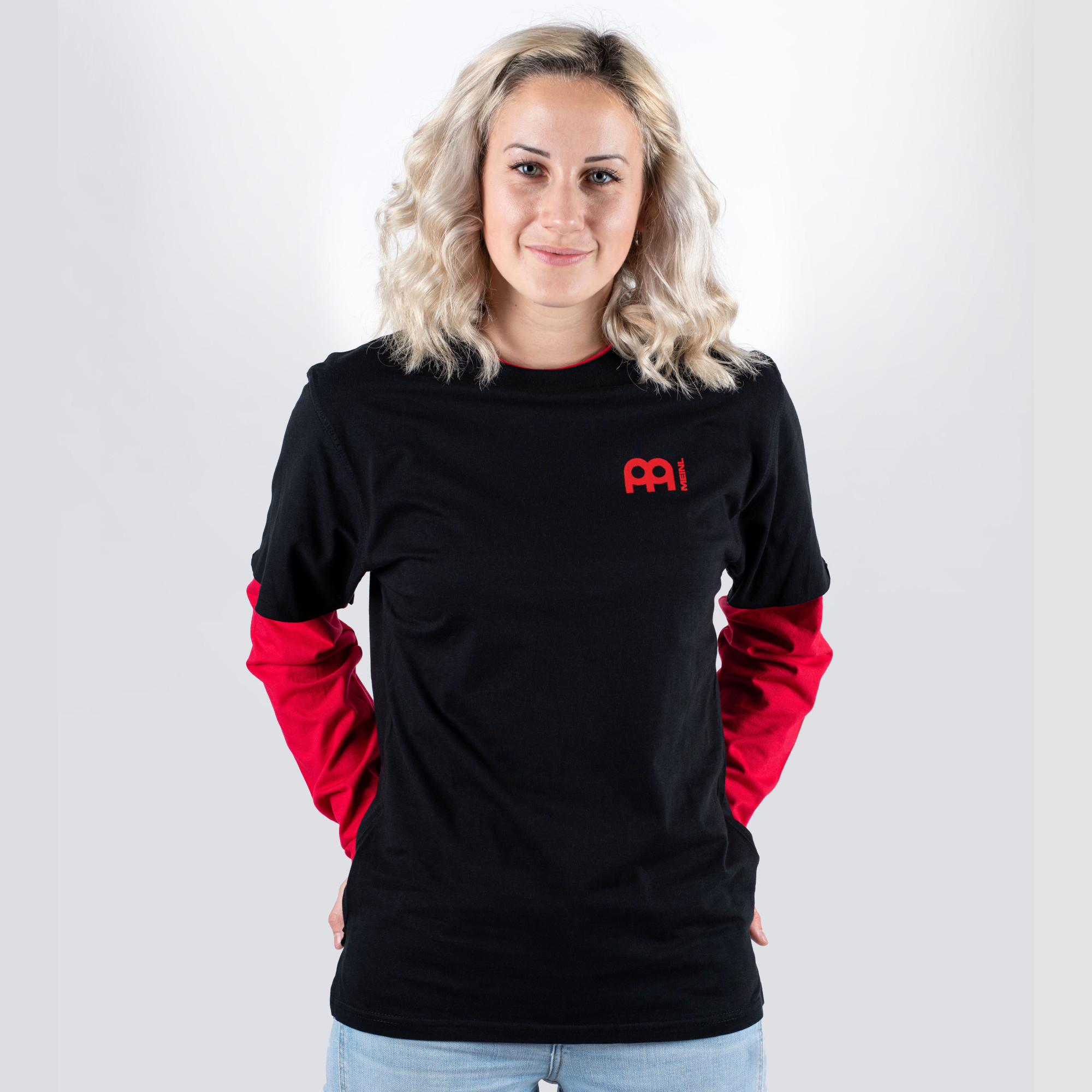 Black Meinl longsleeve with red sleeves and logo on left chest and back (M74-S)