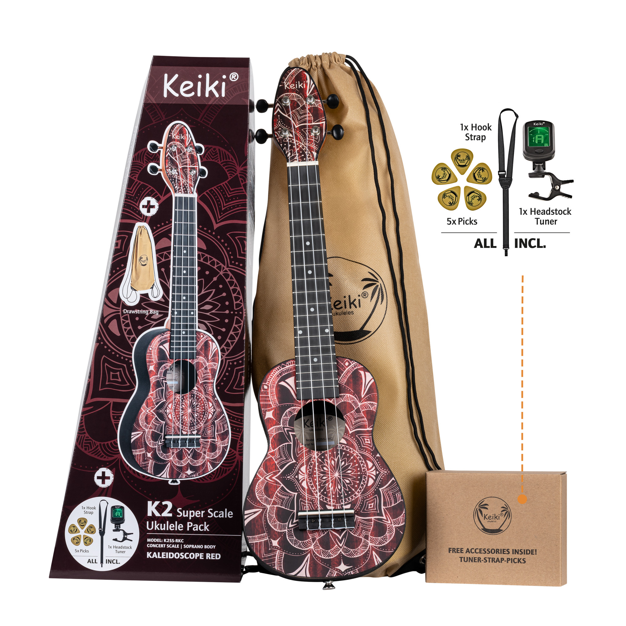 KEIKI K2 Serie Superscale Sopran Ukulele Set - Agathis / Red Kaleidoscope (K2SS-RKC)