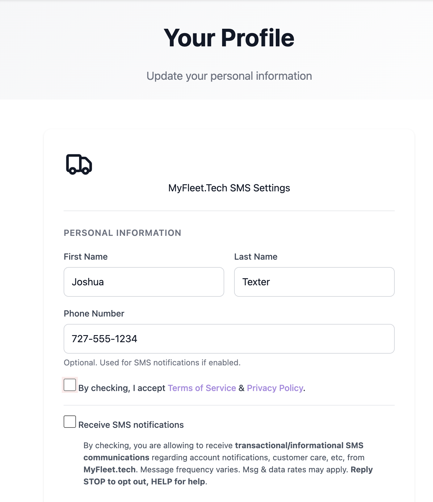 Personal SMS Settings page showing: Phone Number field, Terms of Service acceptance checkbox, and Receive SMS notifications checkbox with disclosure text explaining transactional/informational SMS communications, message frequency, data rates, and reply STOP to opt-out.