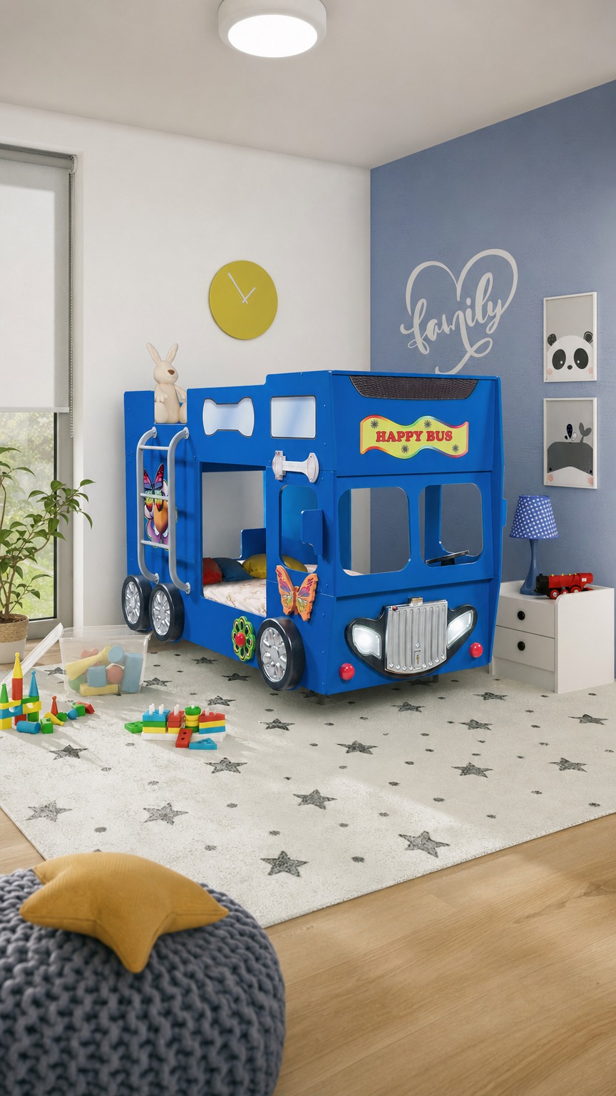 Hochbett Happy Bus mit Matratze & LED 90x190, Blau