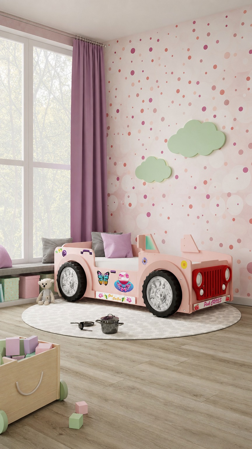 Autobett Jeep Pink mit LEDs Matratze & Rost