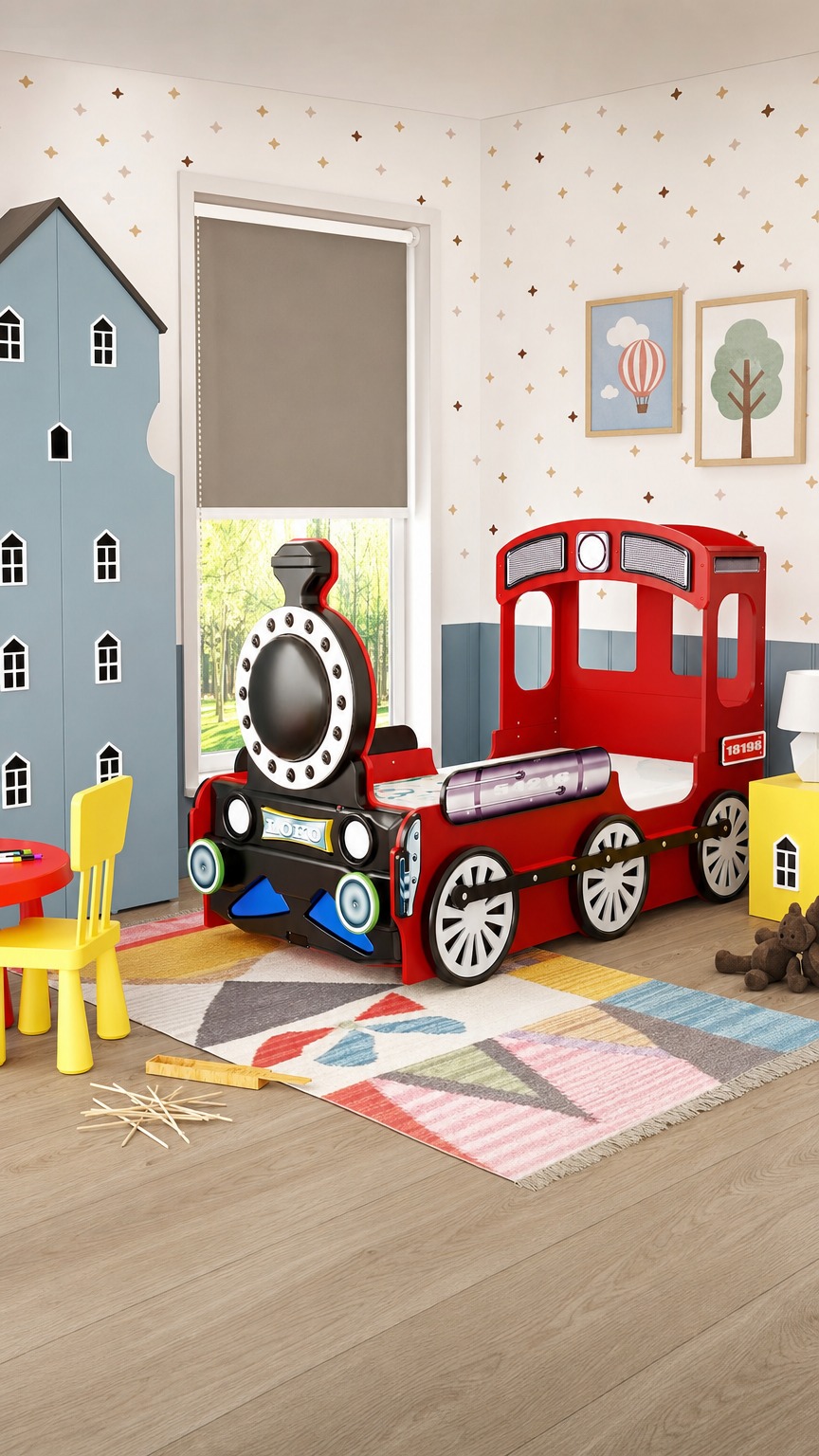 Lokomotive Kinderbett mit Matratze & Rost in 4 Farben