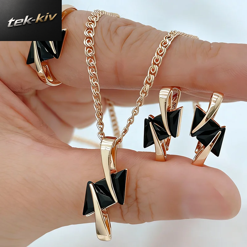 Kinel Hot 585 Roségold-Farbene Ethnische Vintage-Schmucksets Für Frauen Glänzender Schwarzer Natürlicher Zirkon Ring Ohrringe Halskette Tägliches Geschenk