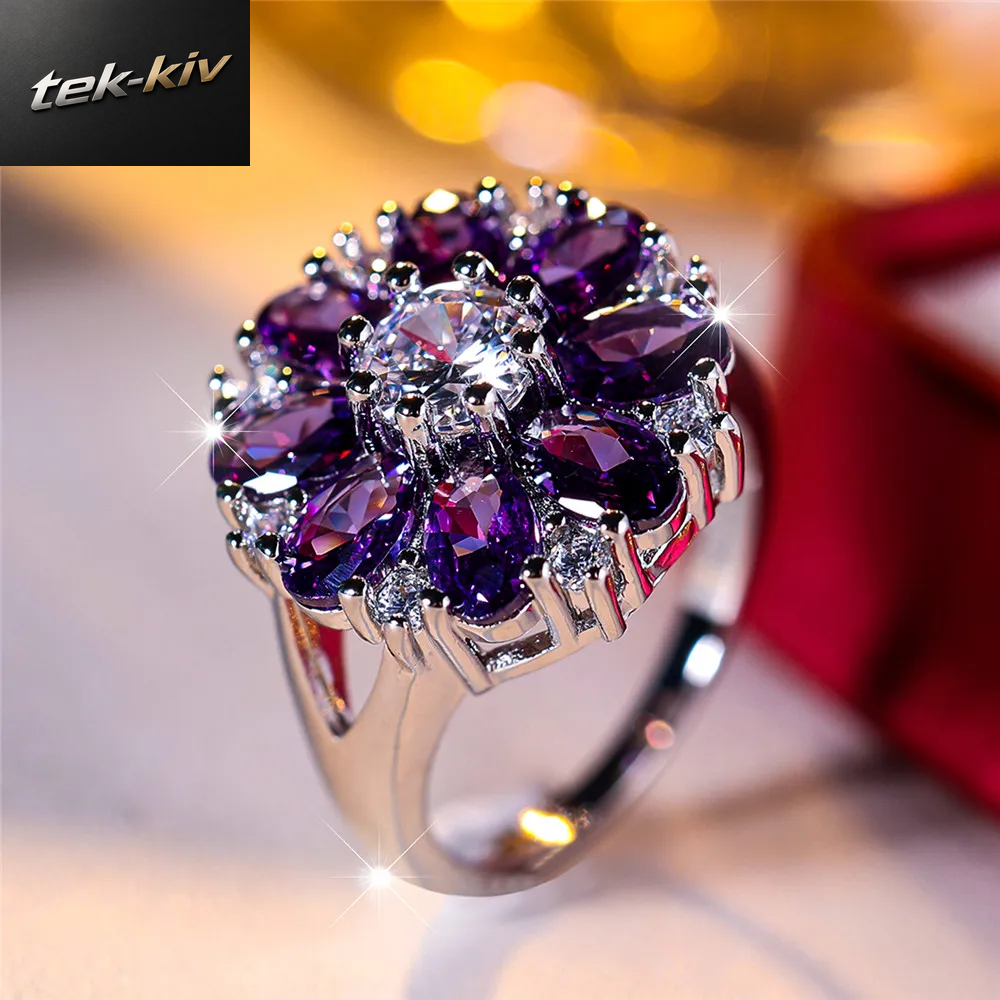 Luxus Weiblichen Kristall Lila Stein Sonne Blume Verlobungsring Vintage Silber Farbe Hochzeit Schmuck Für Frauen